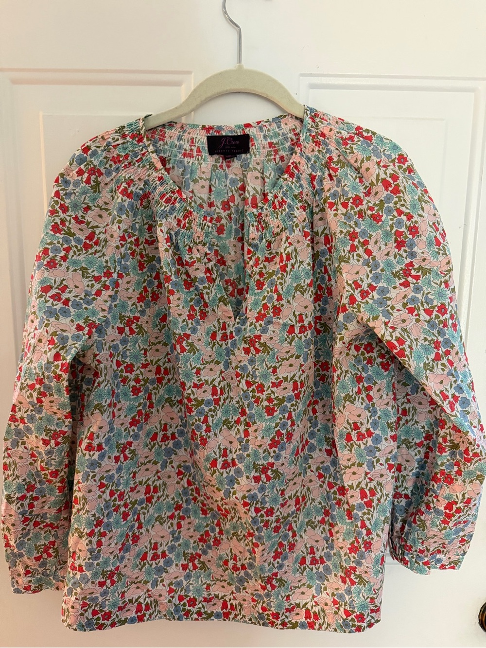 J. Crew Liberty Floral Smocked Neck Blouse in Pink, Red & Blue